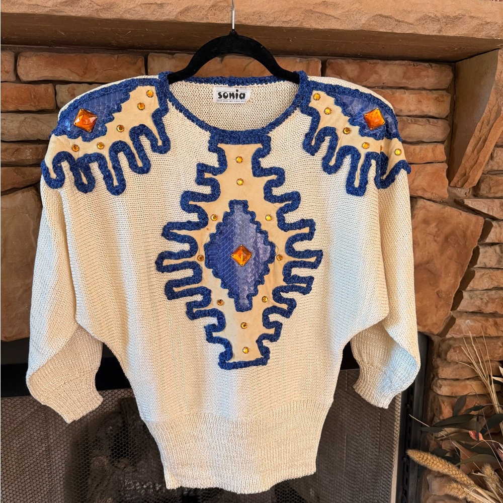 Vintage Sonia custom hand made Women's Sweater with Cream and Blue Accents